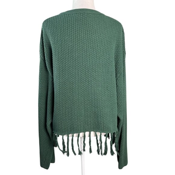 Anthropologie Le Lis Forest Green Boho Textured Knit Sweater Fringe Hem Womens L - Picture 8 of 8
